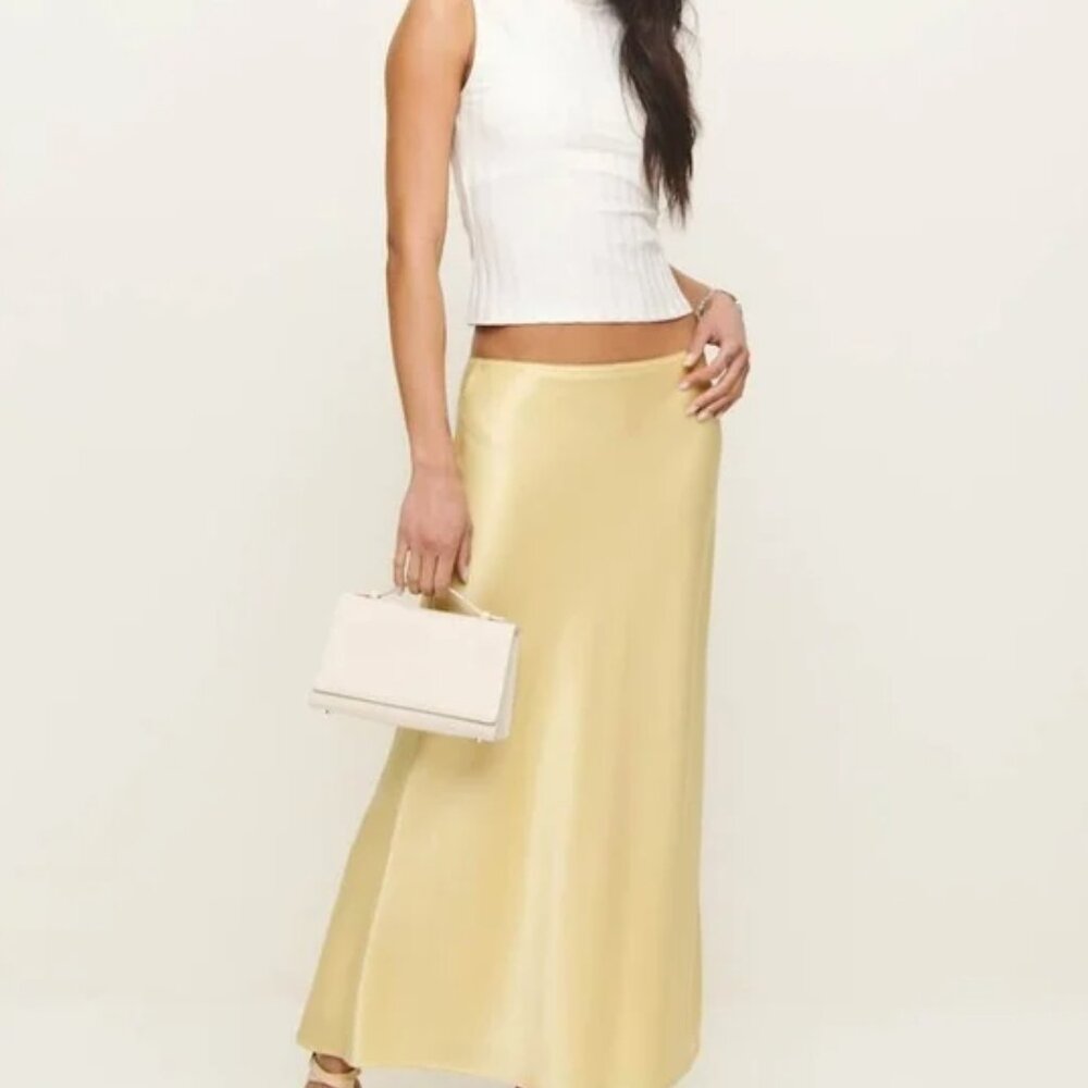 Reformation Pale Yellow Satin Bias Maxi Skirt